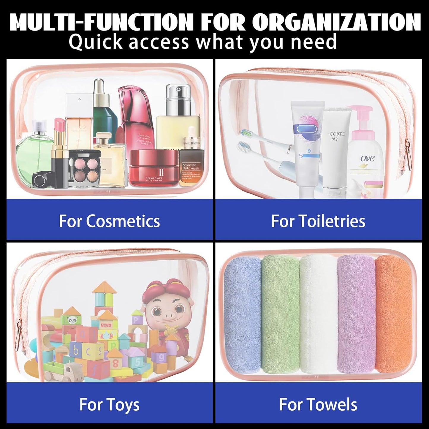 16 Pieces Clear Cosmetic Bags, Large Transparent Makeup Bags, TSA Approved Toiletry Bag for Travel, PVC Waterproof Clear Pouch with Zipper Make Up Bag for Women and Men Traveling (Rose Pink-L)