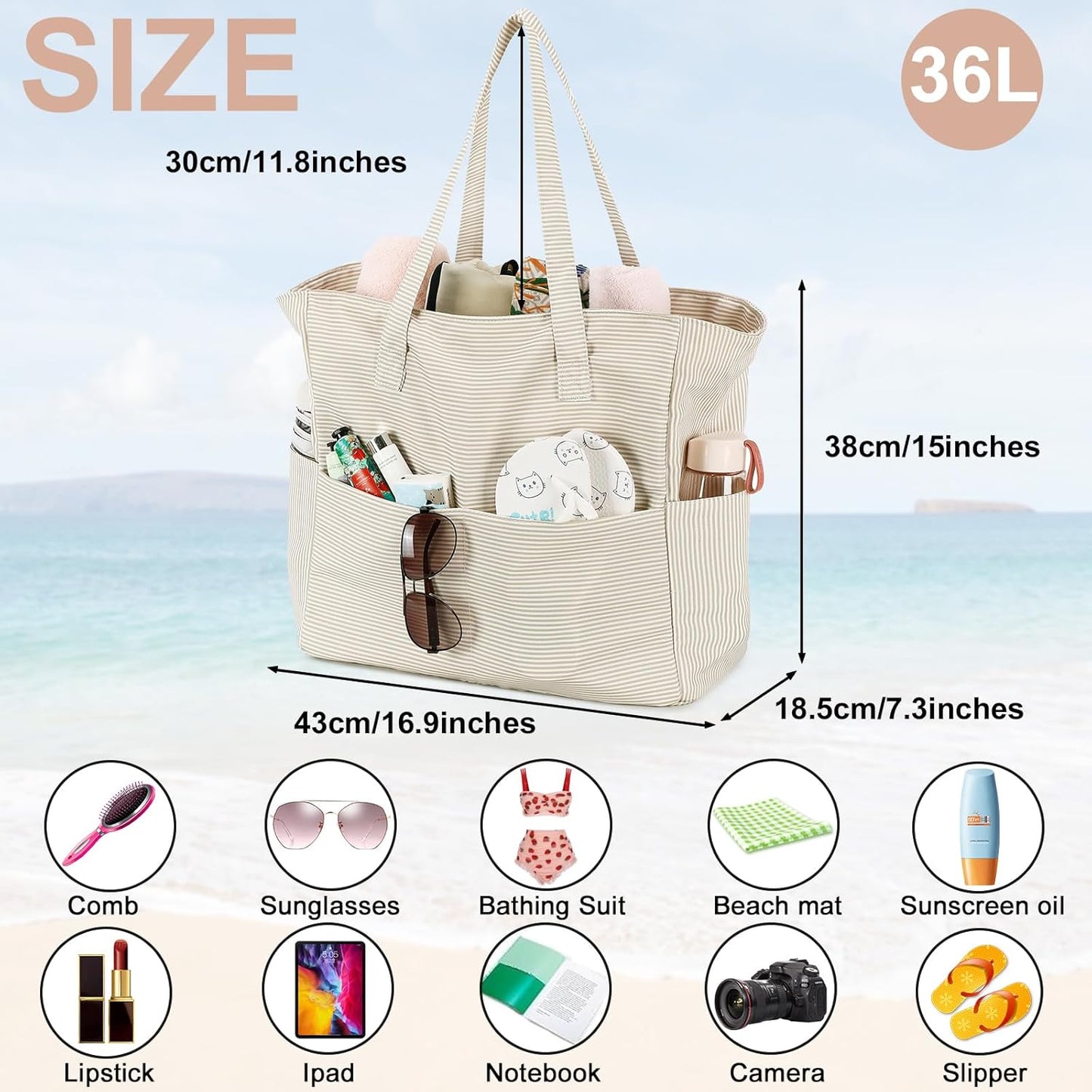 CAMTOP Waterproof Beach Tote Bag for Women Girls with Zipper Foldable Sandproof Pool Swim Bag Travel Carry On Gym
