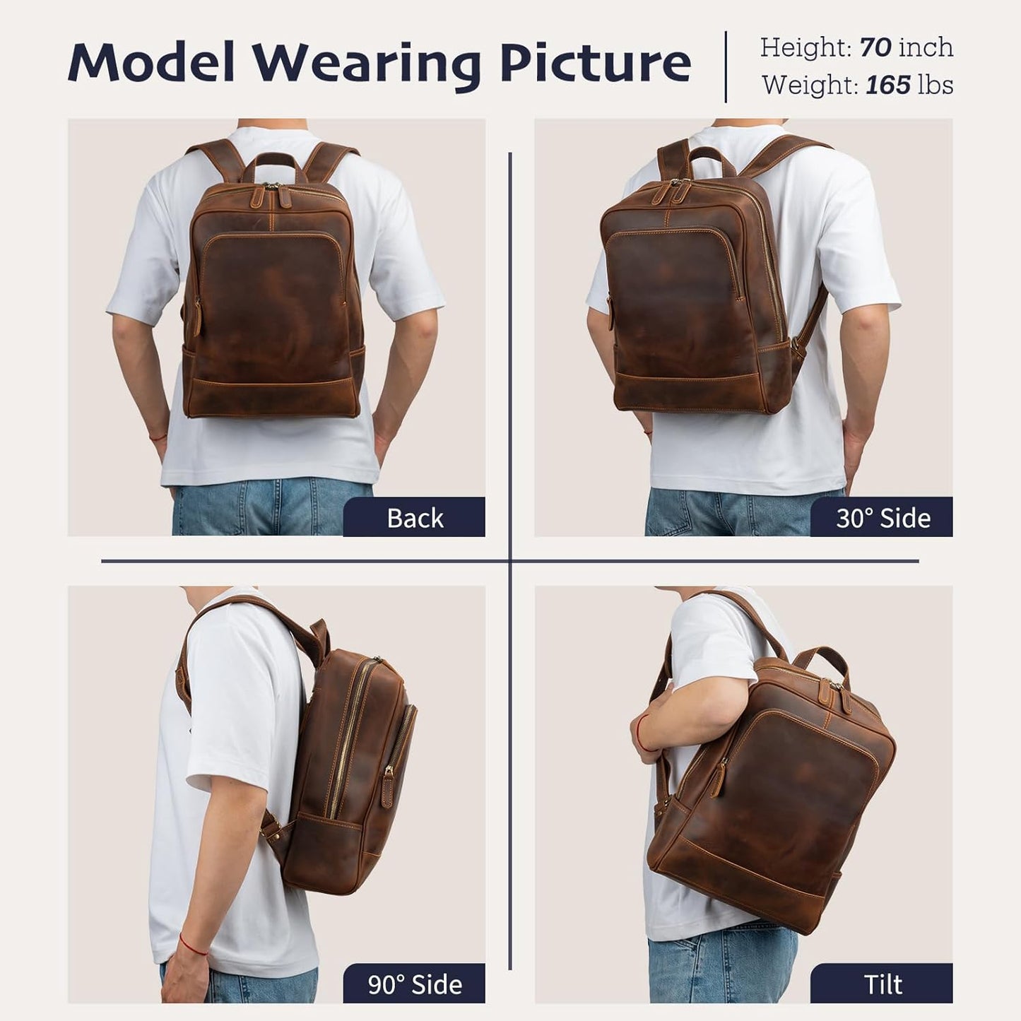 Leather Backpack for Men 15.6" Laptop Backpack 100% Madagascar top-Grain Leather Backpack Brown Medium Size