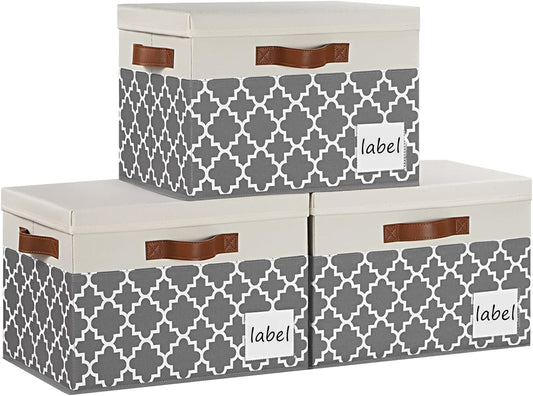 Large Storage Bins with Lids, Foldable Fabric Storage Baskets with Lids, Sturdy Storage Boxes with Labels and 3 PU Handles for Closet Home Bedroom Office (26L, 3 Packs, Grey Plaid&White)
