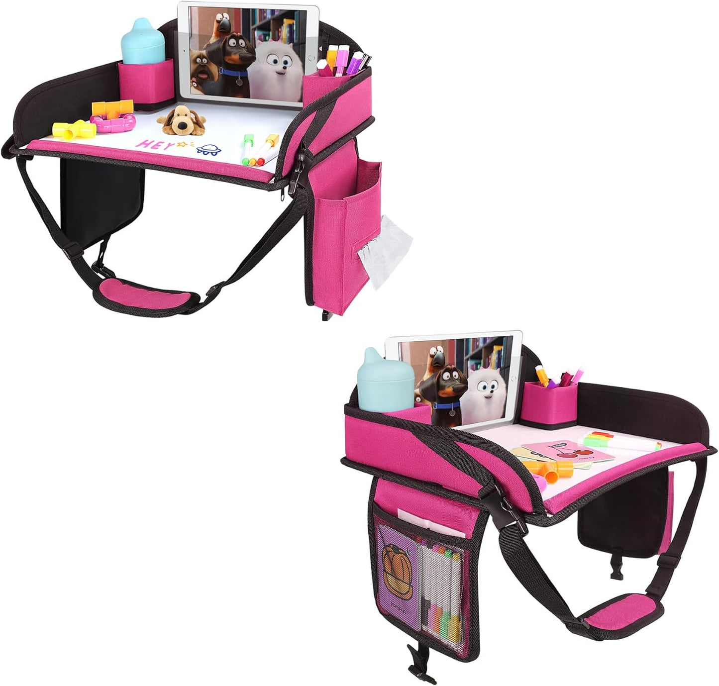 Kids Travel Tray for Airplane - Toddler Car Seat Table Tray, Road Trip Essentials for Boys & Girls, Carseat Lap Desk for Kids Road Trip Activities (Pink-2PCS)