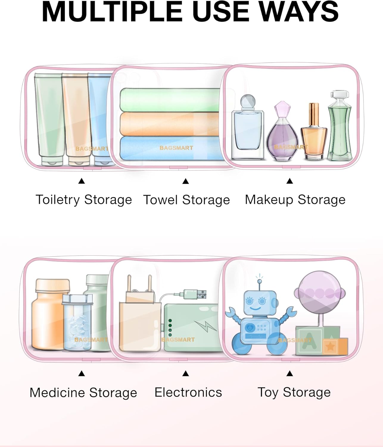 BAGSMART Clear Toiletry Bag, 3 Pack TSA Approved Travel Toiletry bag Carry on Travel Accessories Bag Airport Airline Quart Size Bags Water Repellent Makeup Cosmetic Bag for Women (Pink-3pcs)