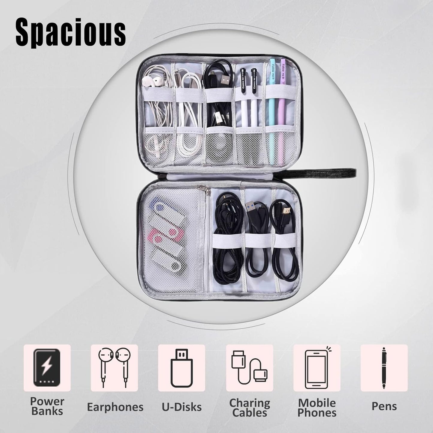 CILLA Travel Cord Organizer Case, Portable Waterproof Storage Bag for Charger, Cord, USB, Power Bank, Earphone, SD Card, Travel Essentials