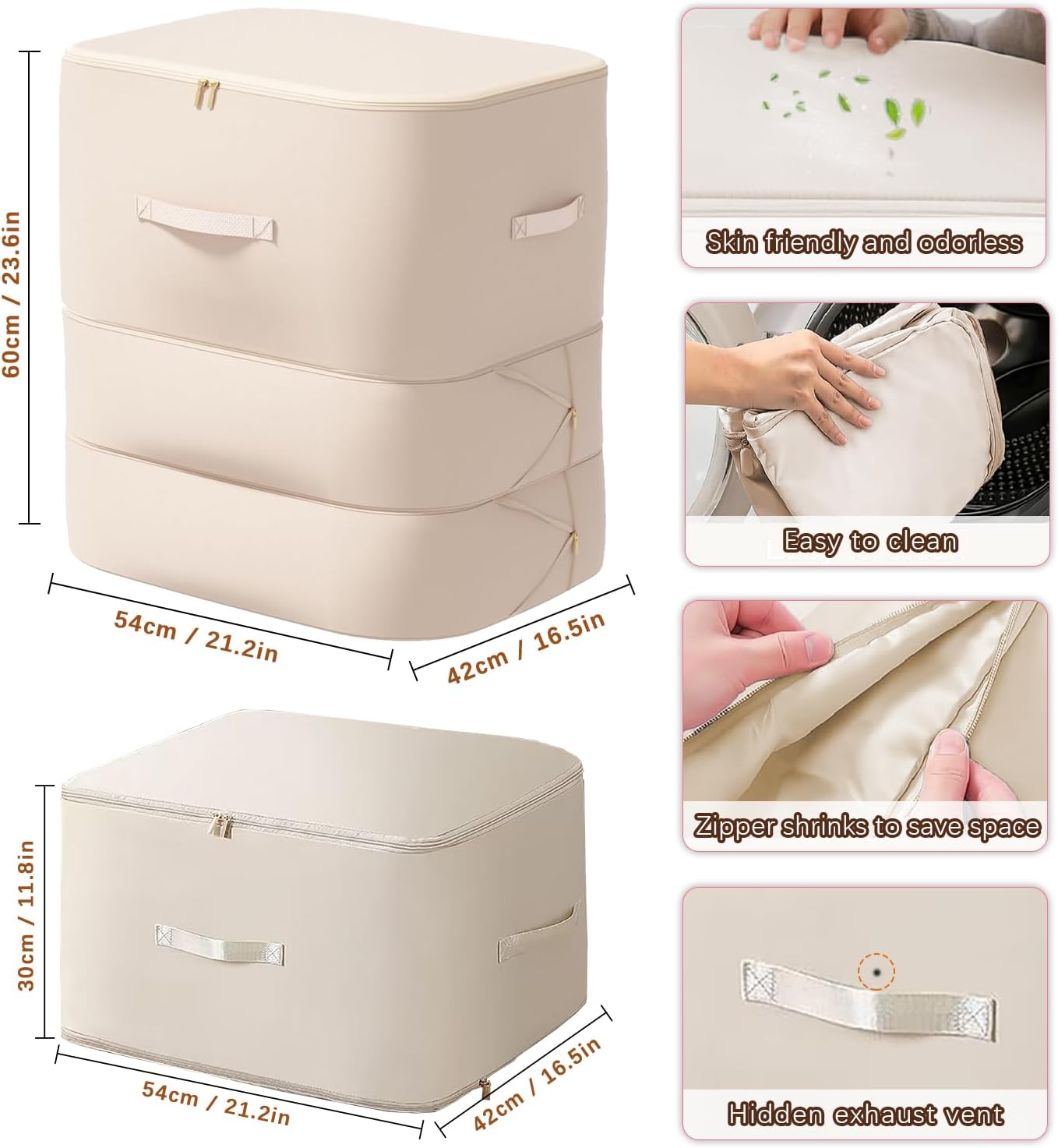 3PCS XL ultra space saving bags self compression organizer bags Space saver bag for comforters storage bag organizer for blankets bedding clothes (Beige-3PCS)