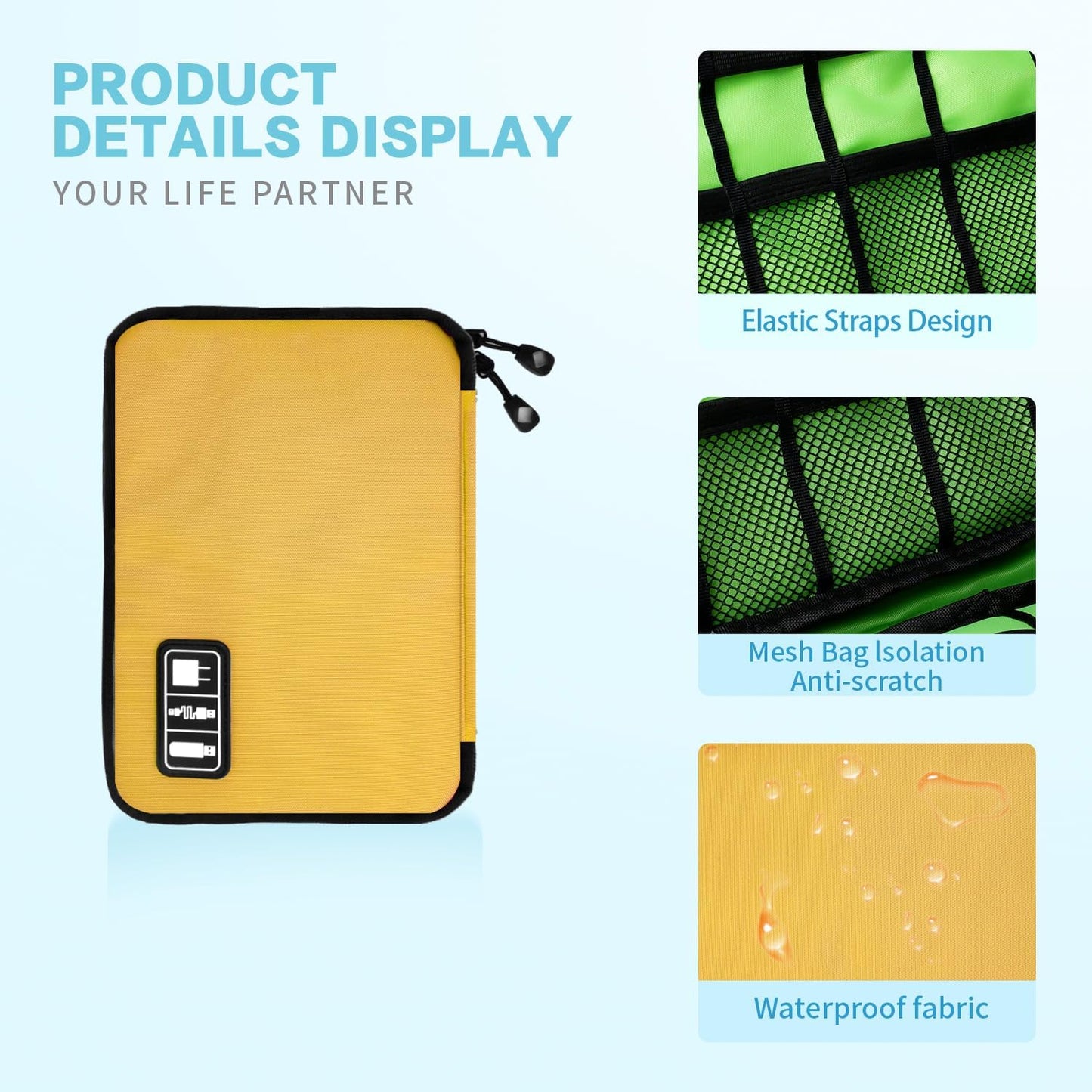 Electronics Travel Organizer,Portable Waterproof Electronic Travel Storage Bag for Small Charging Cord Storage,Charger,SD Card etc,for Travel,Business-Yellow Green