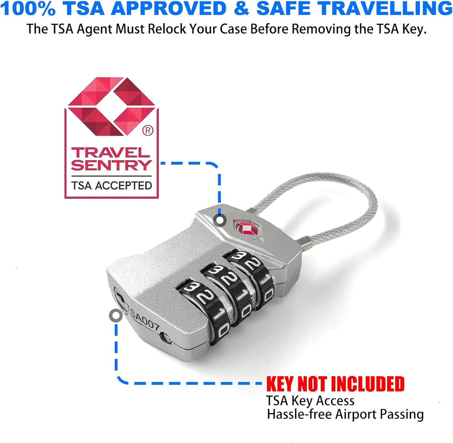 4 Pack TSA Approved Travel Luggage Locks, Cable Combination Lock, 3 Digit Padlock, Alloy Steel Cut-Resistant Cable, Weatherproof Zipper Lock for Gun/Suitcases, Backpacks, Gym Lockers, Golf Bags-NO KEY