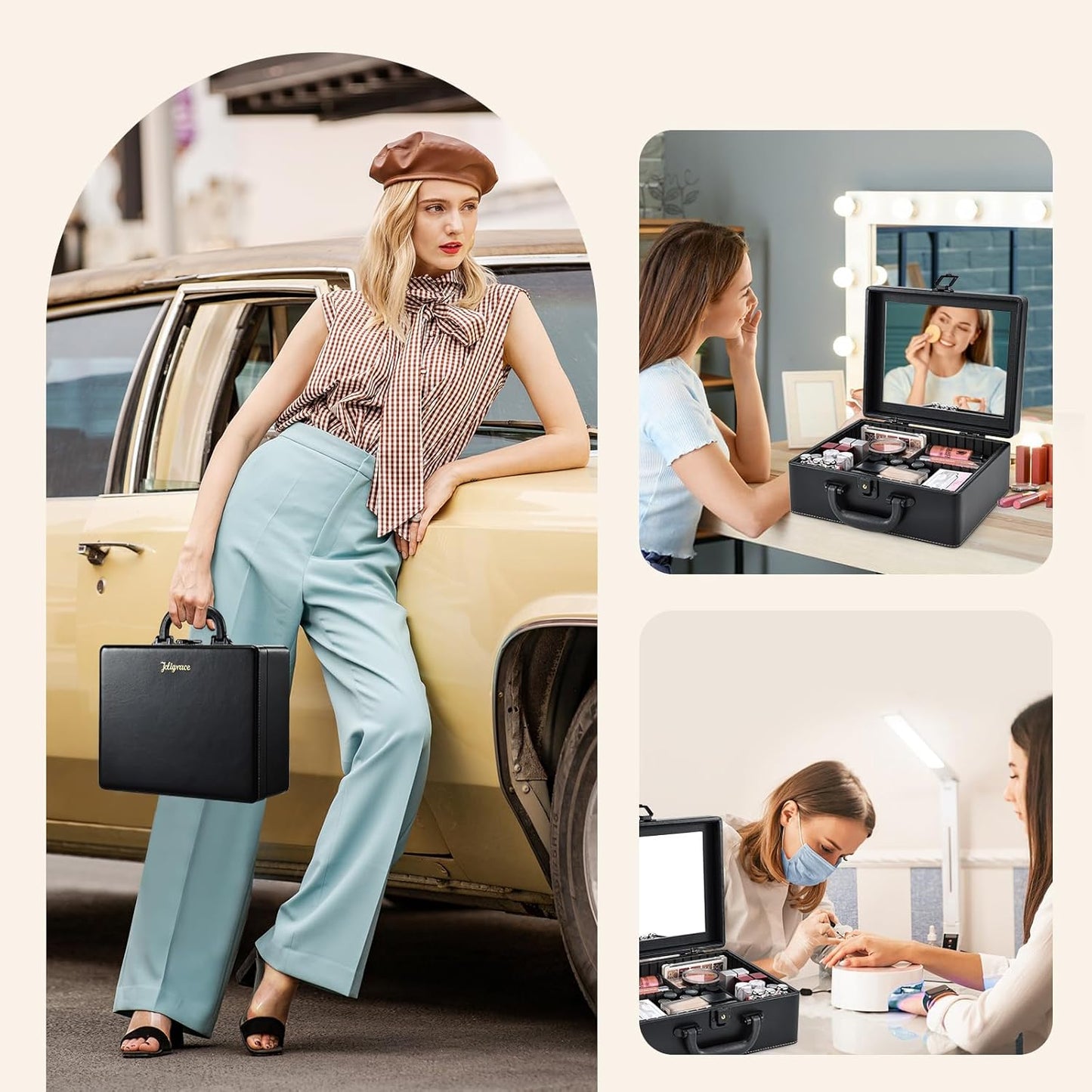 Joligrace Travel Makeup Case with Mirror, Makeup Organizer Case, PU Leather Makeup Train Case Portable Vanity Case Make up Box Countertop Storage Bag for Women,with Adjustable Dividers & Brush Holder