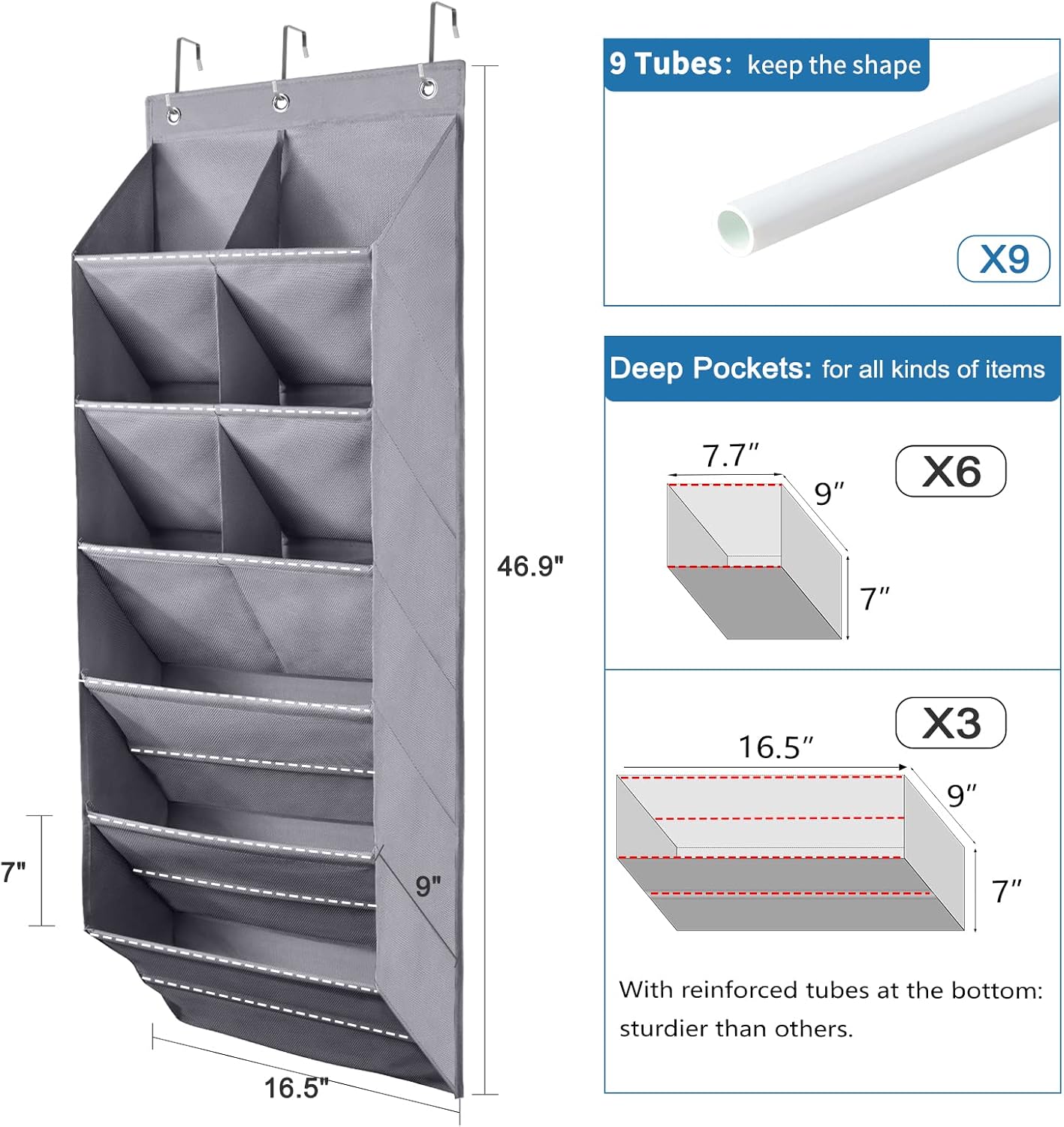 FENTEC 2 Pack Over the Door Shoe Organizer, Hanging Shoe Organizer, 6-Tier Large Deep Pockets Door Shoe Rack with 3 Hooks Shoe Organizer for Shoes, Sneakers, and Home Accessories, Grey