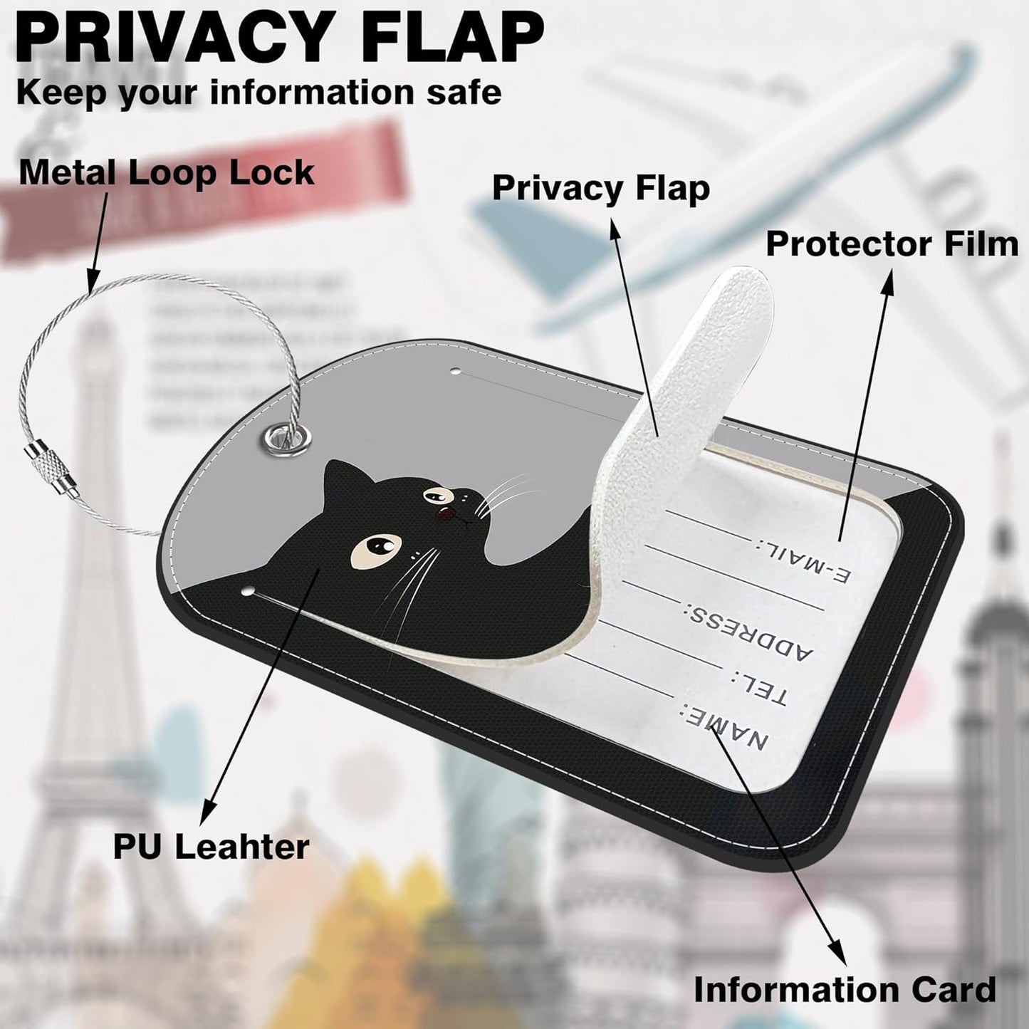 2 Pack Luggage Tag for Suitcase Black and Gray cat Leather Suitcase Tags with Privacy Name ID Label and Stainless Steel Loop for Travel Bag