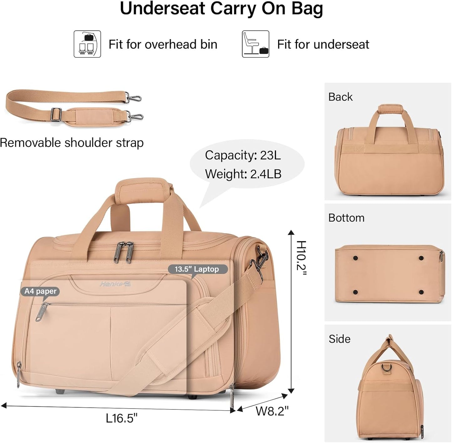 Hanke Foldable Underseat Carry On luggage Bag, Travel Tote Bag for Women & Men, Personal Item Travel Bag Softside Lightweight Luggage Bags for Travel Flight Crew Overnight Weekender.（Pink）