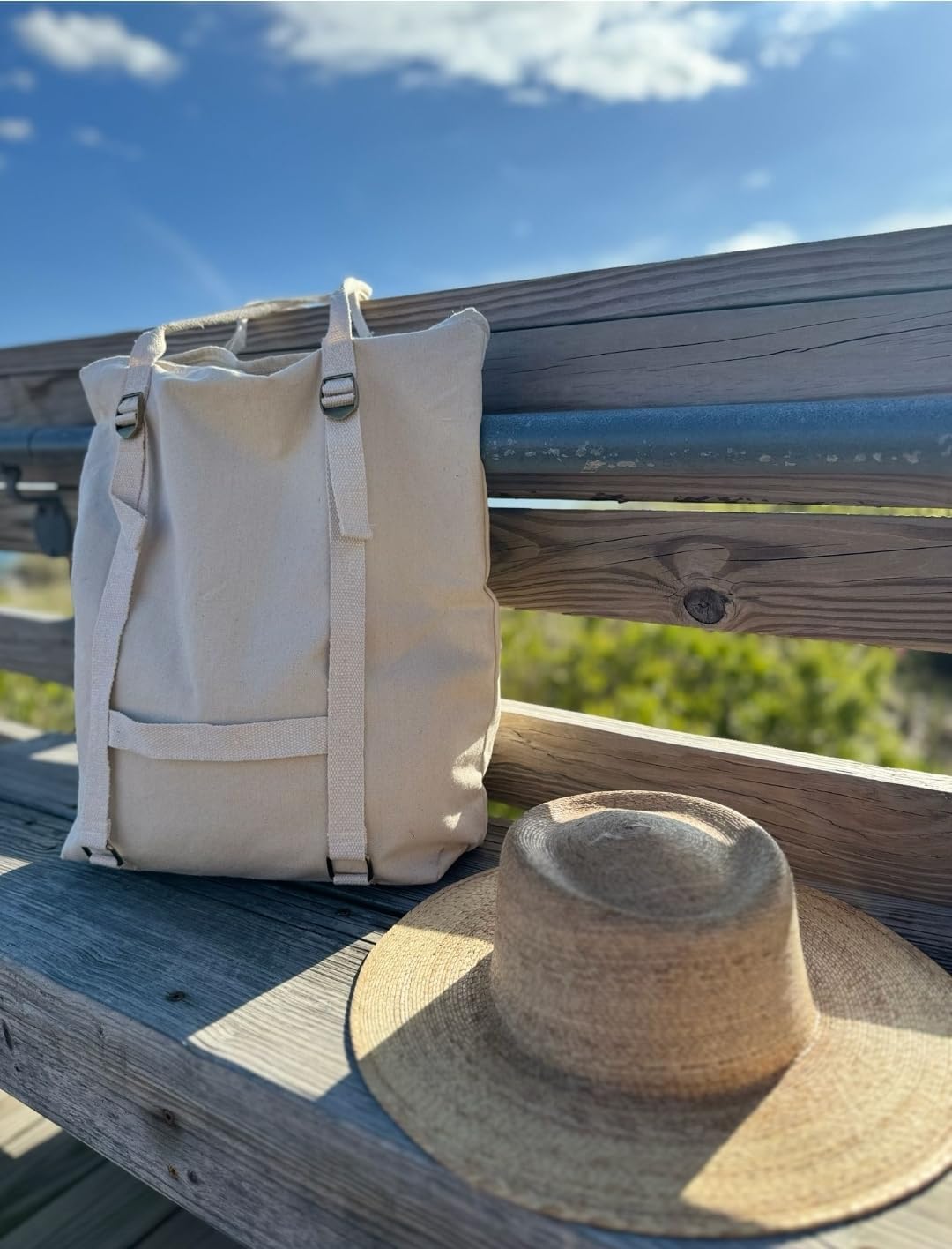 Large Beach Tote Bag with Hat Holder Straps, Womens large beach bag- Vation beach Tote