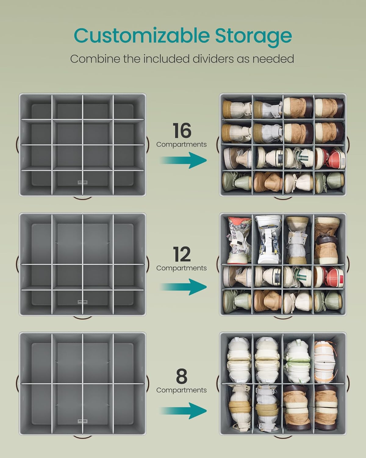 SONGMICS Shoe Organizer for Closet, Shoe Storage Bin, Fits 16 Pairs, Fabric Container with Handles and Clear Cover, Adjustable Dividers, Customizable, Dove Gray ULSP555G01