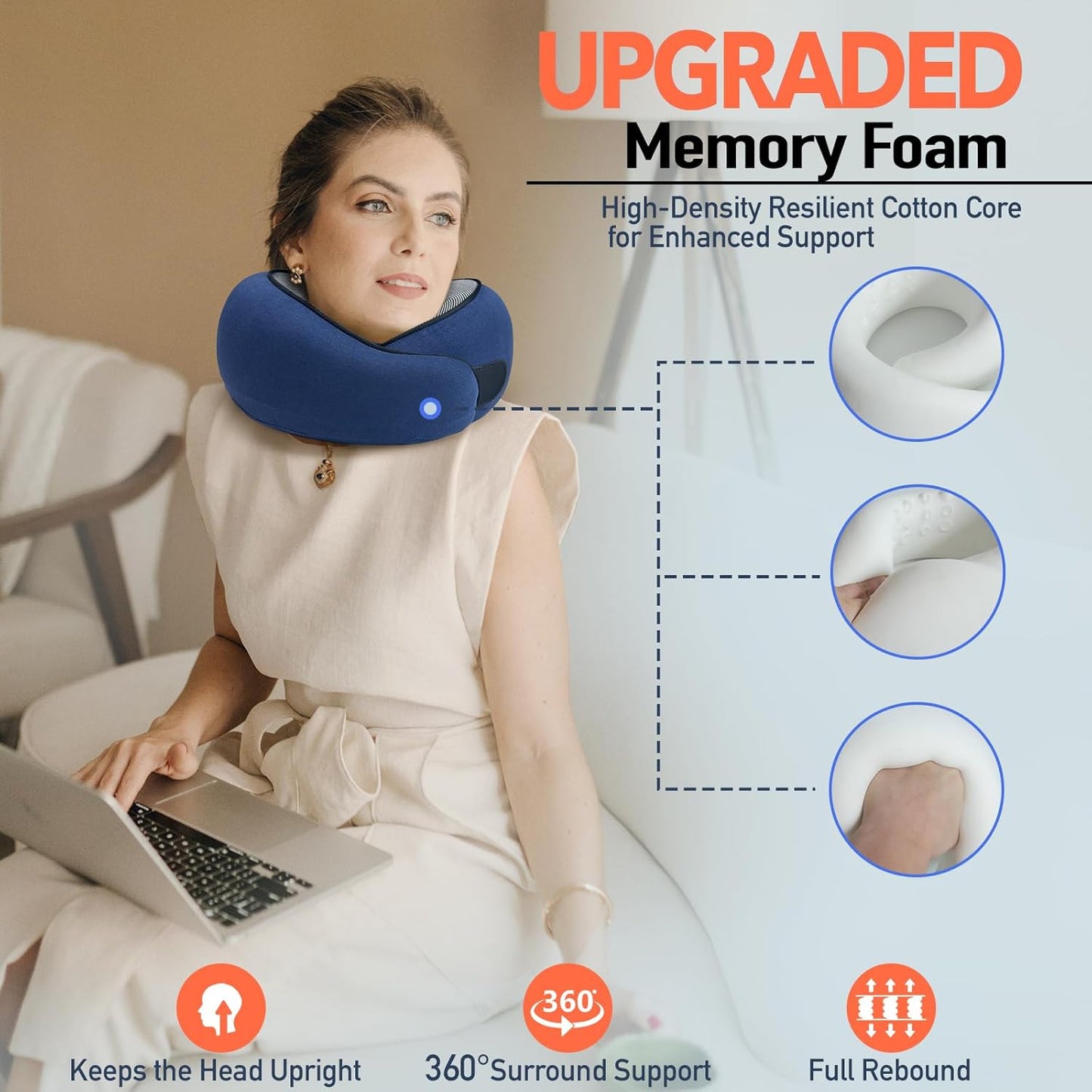 Travel Pillow | High-Density Memory Foam Pillow with 360° Surround Support. Ergonomically Designed. Ideal for Airplane Travel and Home Use.
