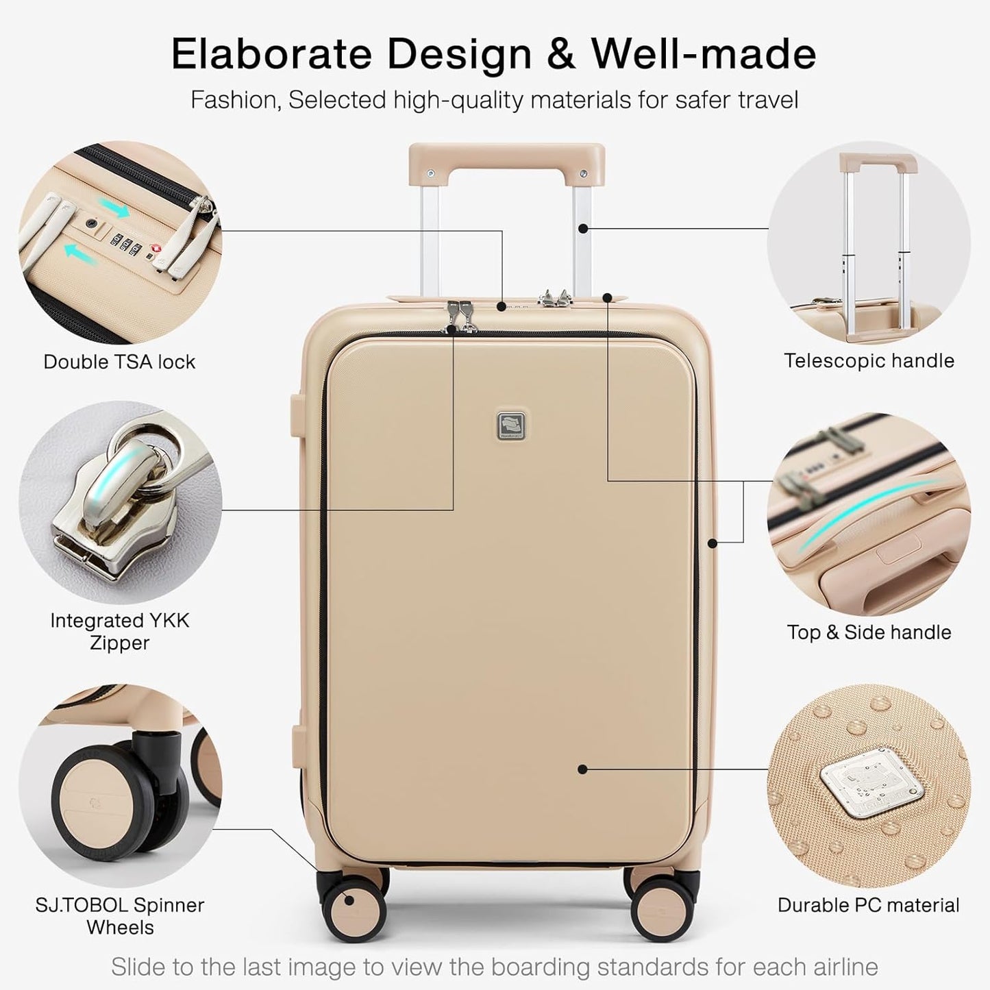 Hanke Grace Carry On Luggage with Wheels Airline Approved Hard Shell Suitcases with Front Pocket，Top Opening Luggage with TSA Lock for Short Business Travel， Cuban Sand.