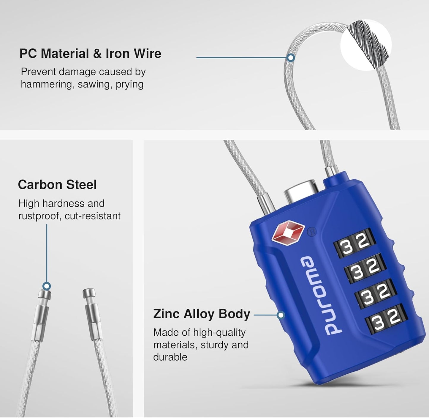 Puroma 2 Pack TSA Approved Luggage Locks, 4 Digit Combination Travel Locks Resettable Code Lock with Zinc Alloy Body for Suitcase, Toolbox, Backpack, Bag, Gym Locker (Blue)