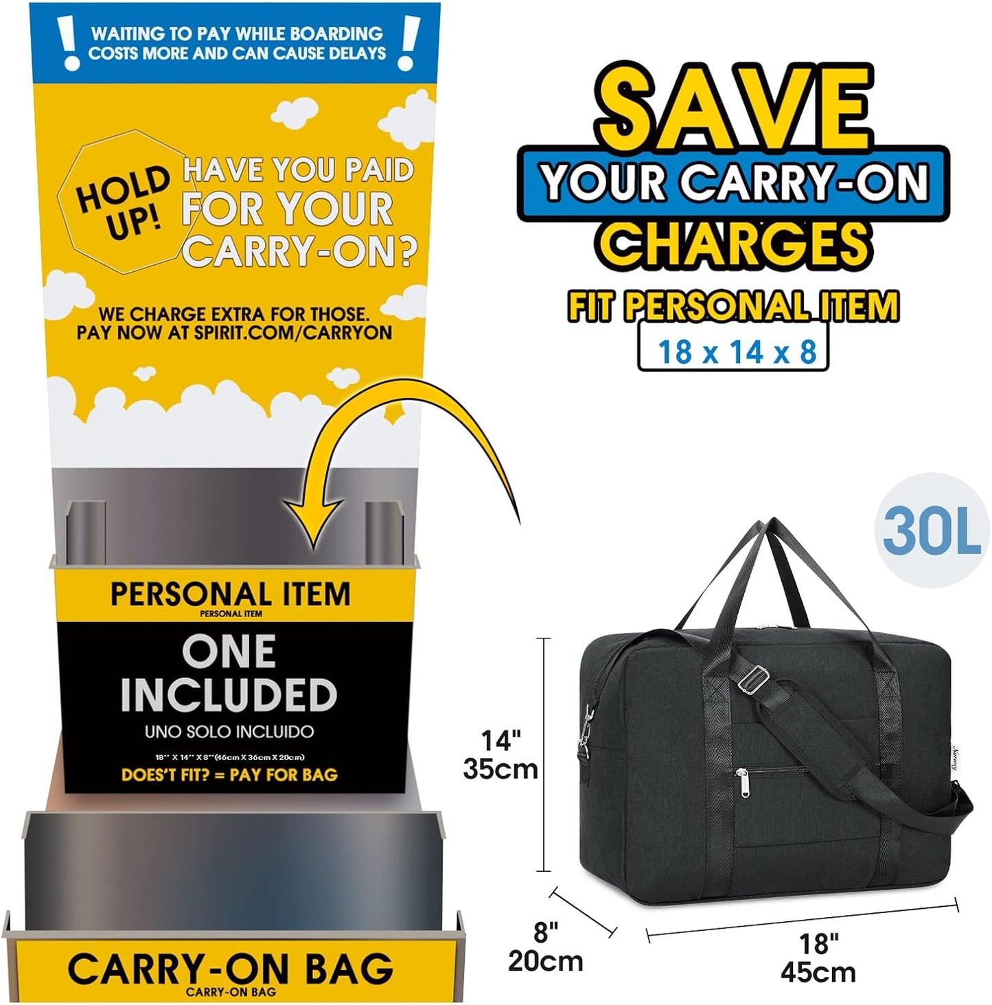 For Spirit Airlines Personal Item Bag 18x14x8 Foldable Travel Duffel Bag Underseat Carry on Luggage for Women and Men 30L (Black)