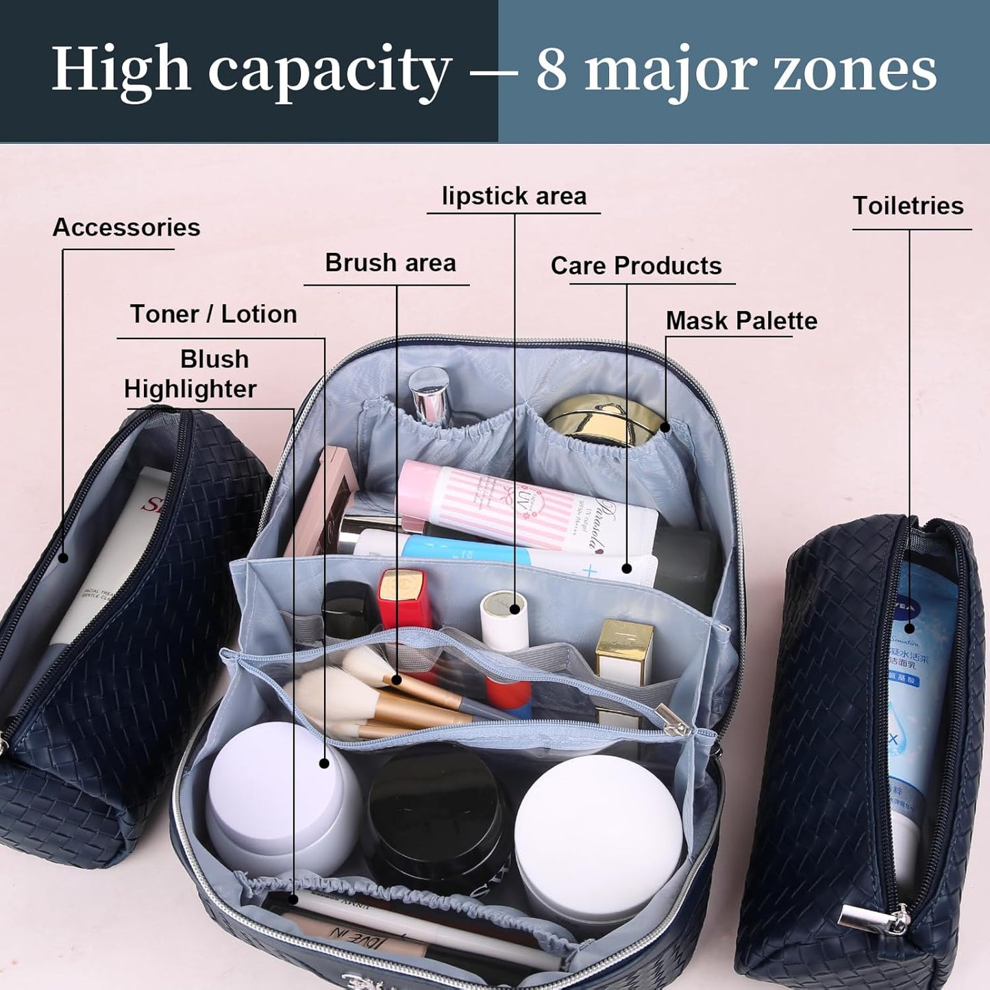 BOYATU Travel Makeup Bags for Women: Large Make up Bag Set of 3 - PU Leather Toiletry Bags - Portable Cosmetic Bag with Divider & Handle (L11 Dark Blue)
