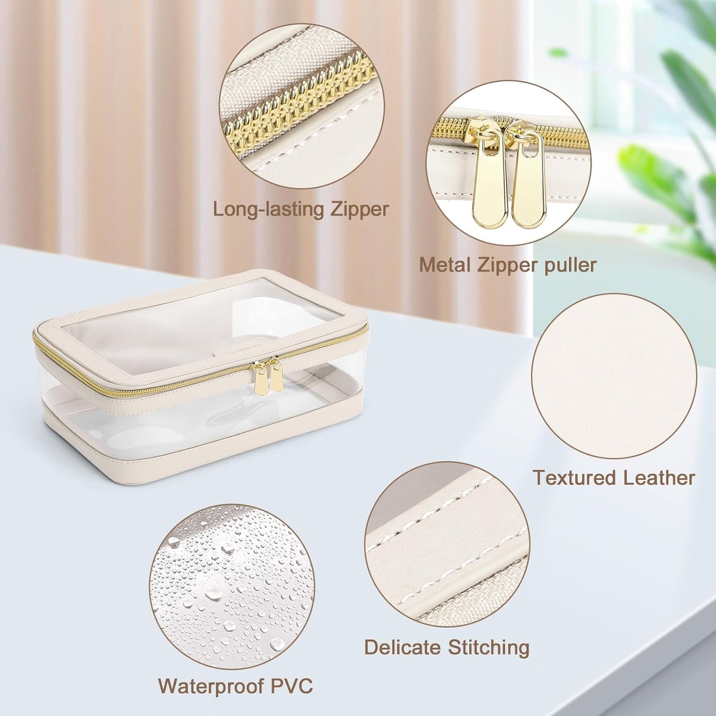 Travel Clear Makeup Bag with Makeup Brush Bag, Leather Makeup Case Toiletry Bag, Portable Cosmetic Bag Case, Transparent Waterproof Cosmetic Organizer Storage Bag for Women, Medium, Off-White