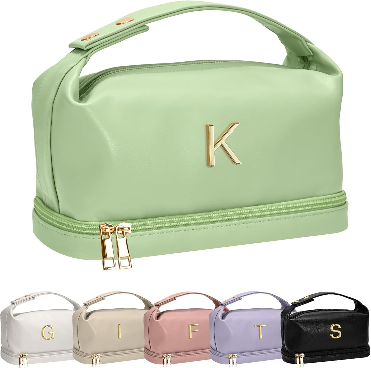 Gifts for Young Women, Personalized Makeup Bag with Handle, Initial Double Layer Cosmetic Bag with Makeup Brush Organizer, Cute Cosmetic Pouch for Women, Gifts for Friends Female Mom