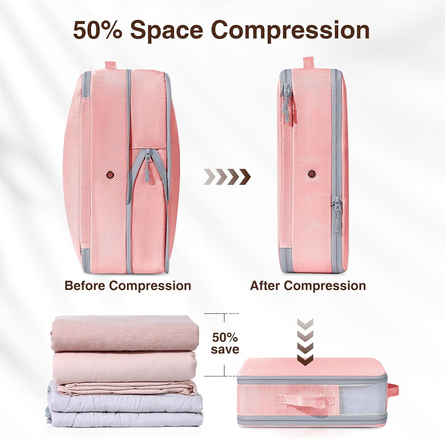 DIMJ Clothes Storage Bag 8 Pack, 19L Compression Storage Bags for Blanket, Sweater, Jacket, Closet, Sheet Storage Organizer with Window Handle, Space Saver Storage Bags with Zipper, Pink