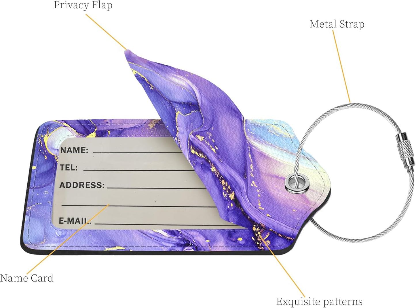 2 Pcs Luggage Tags for Suitcase, Cute Unique PU Leather Travel Bag Tag with Privacy Cover ID Label Address Card and Durable Metal Ring Suitable for Men Women Children Backpack,Purple Marble