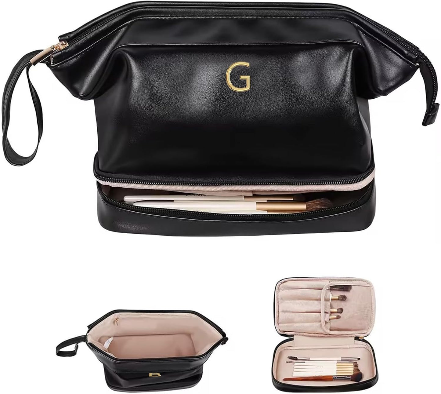 Gifts for Her, Initial Large Makeup Bags, Personalized Double Layer Cosmetic Bag with Makeup Brush Organizer, Waterproof, PU Leather Travel Toiletry Bag Wedding Gifts, Bridesmaid Gifts