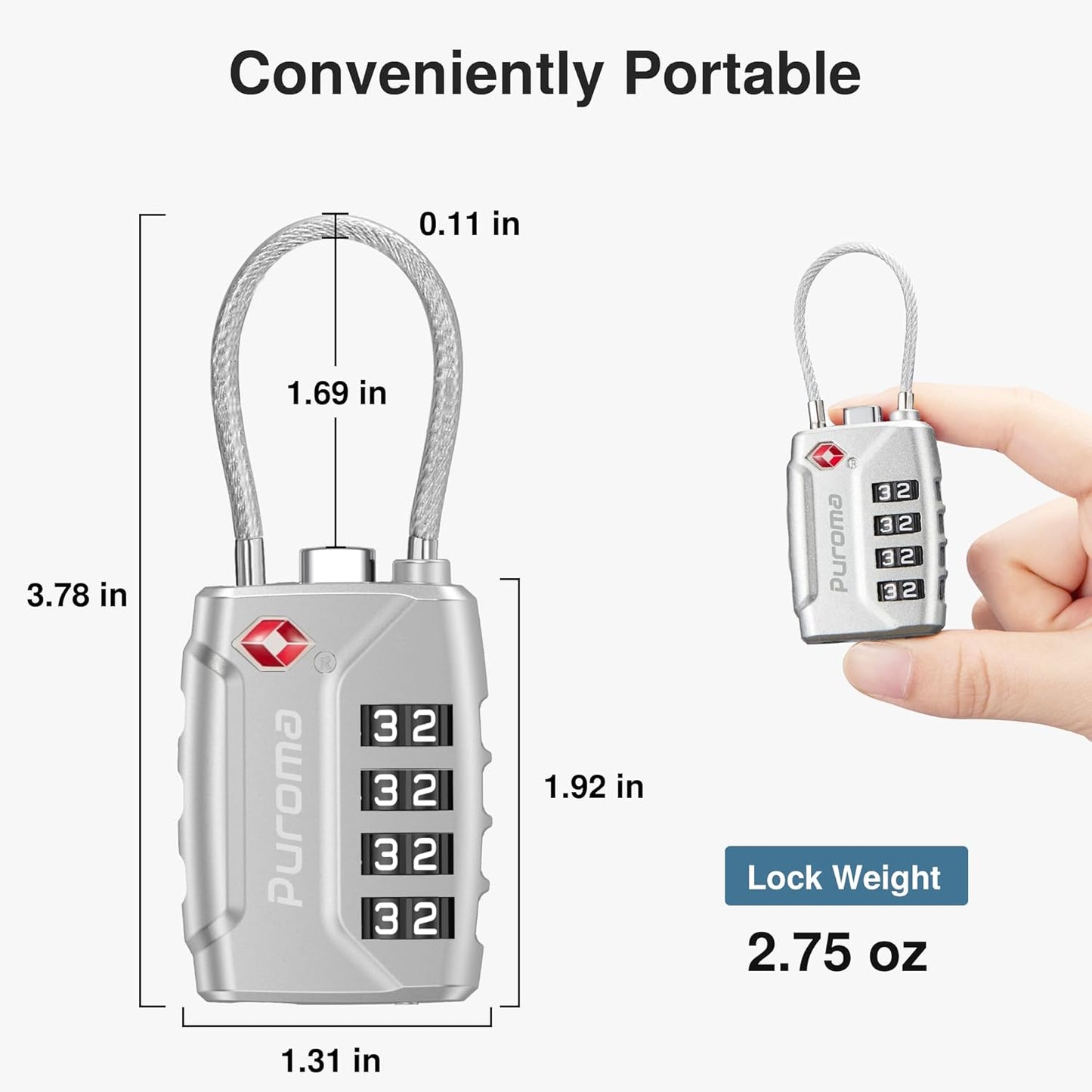 Puroma 2 Pack TSA Approved Luggage Lock, 4 Digit Combination Travel Locks Resettable Code Lock with Zinc Alloy Body for Suitcase, Toolbox, Backpack, Bag, Gym Locker (Silver)