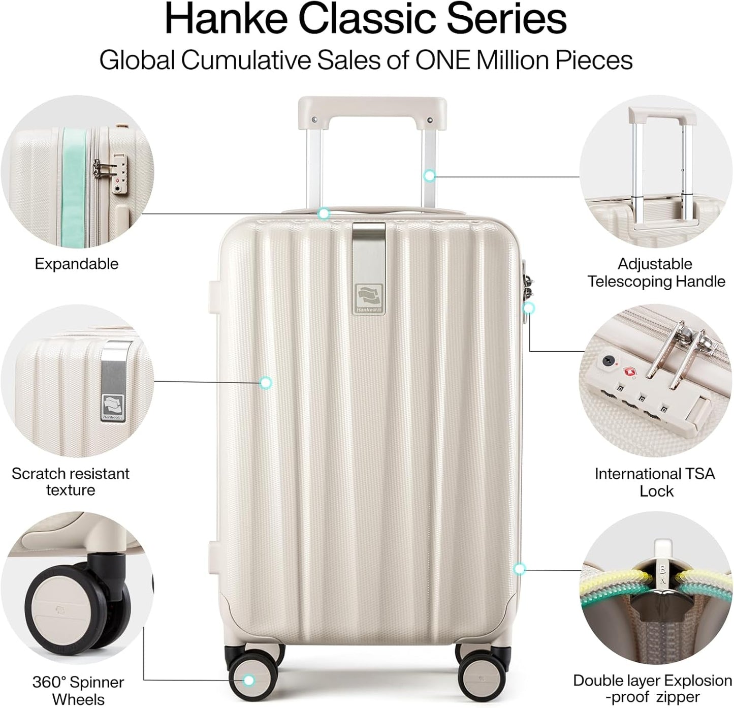 Hanke Expandable Hard Shell Luggage Sets 2 piece Carry On Luggage with Wheels Suitcases Lightweight Checked Travel Luggage Rolling Large Suitcase Travel Luggage Bag Woman Men 20/29 Inch(Ivory White)