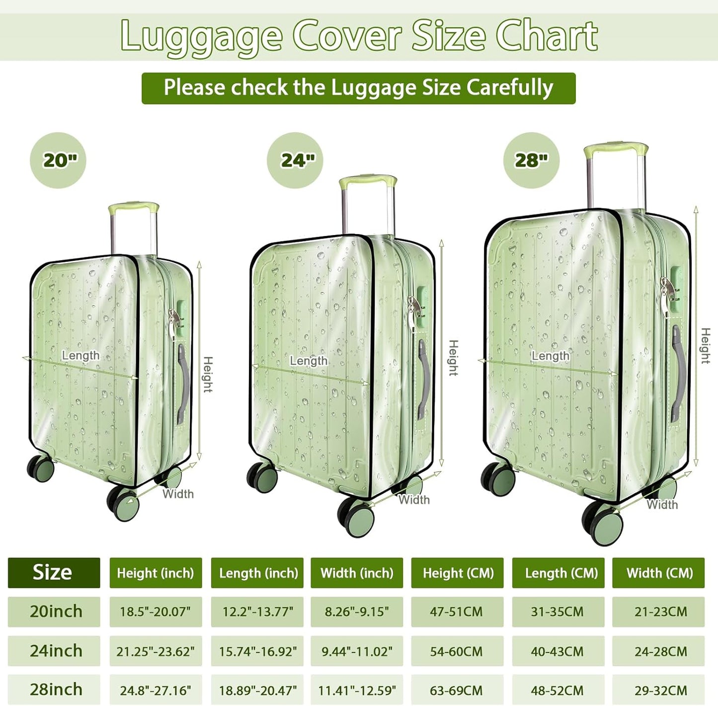 3 Pieces Thicken Clear Luggage Cover Protector, 20" 24" 28" PVC Luggage Covers for Suitcase Waterproof Dustproof Anti-scratch Travel Suitcase Covers Case for Wheeled Luggage