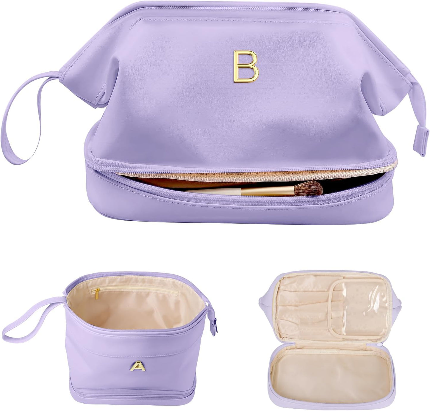 Monogrammed Gift for Women Girls, Initial Makeup Bag, Personalized Double Layer Cosmetic Bag with Makeup Brush Organizer, Large Capacity PU Leather Travel Toiletry Bag, Sister Gifts