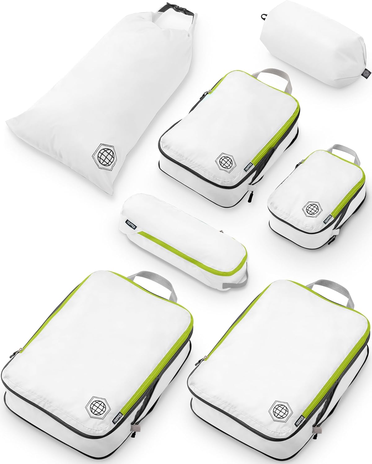Large Compression Packing Cubes for Travel-Packing Cube Luggage Organizers 7 Piece Set for Checked Luggage-Ultralight, Expandable/Compression Bags by TRIPPED Travel Gear (White/Green)