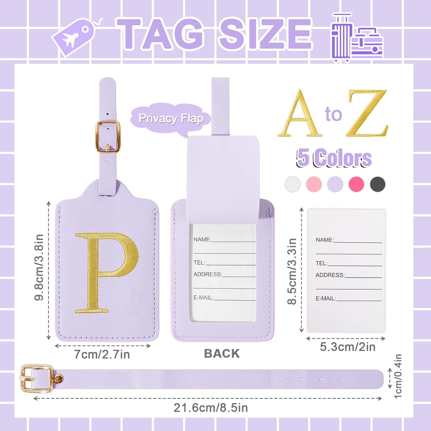 Personalized Initial Luggage Tags for Suitcase, Purple Leather Cute Luggage Tags with Privacy Cover Name Card, Embroidered Custom Monogrammed Luggage Tag Travel Backpack Tags Gifts for Women Kids(P)