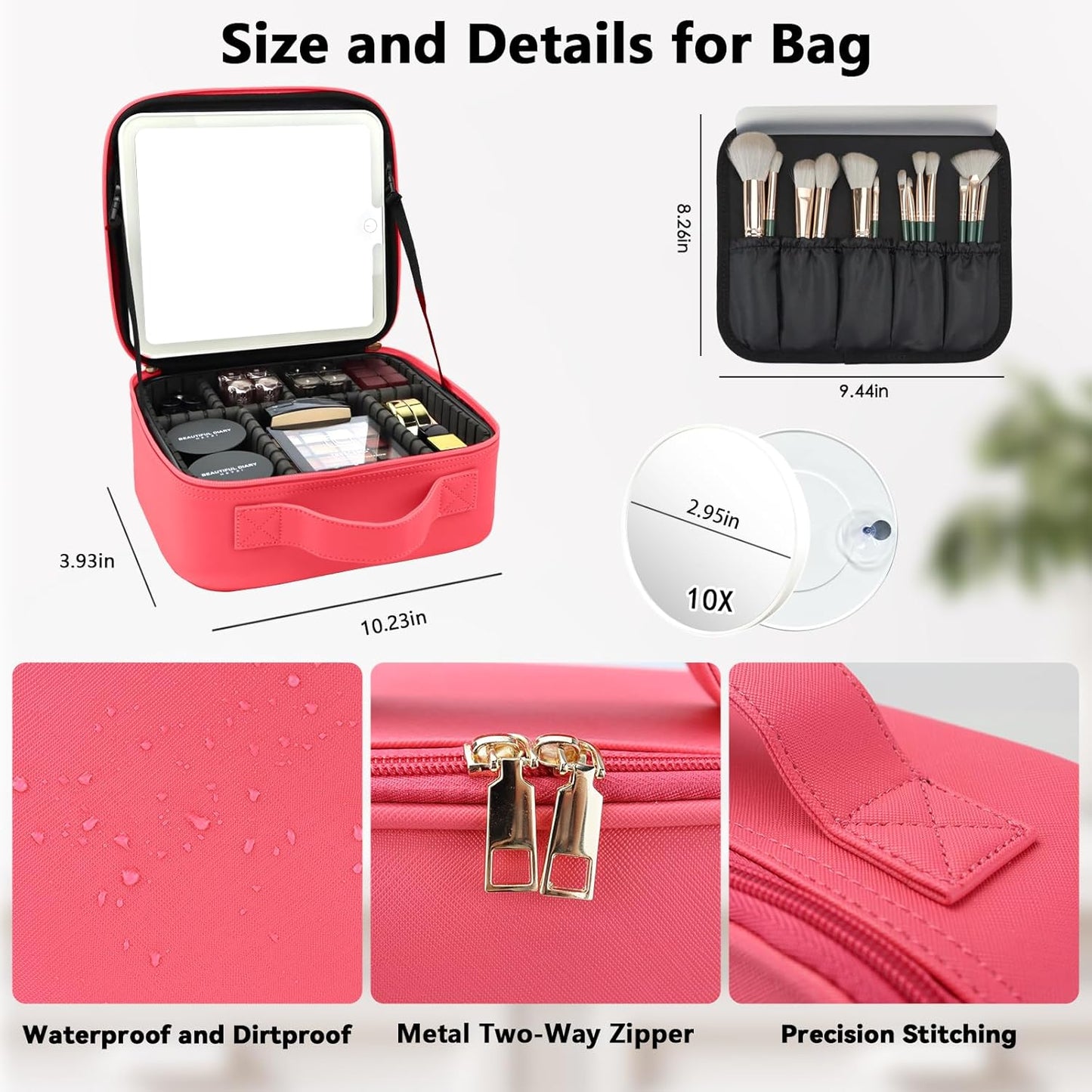 Travel Makeup Bag with LED Mirror and 10x magnifying glass with 3 Lighted Settings, Adjustable Dividers and Makeup Brush Storage Bag Light Red