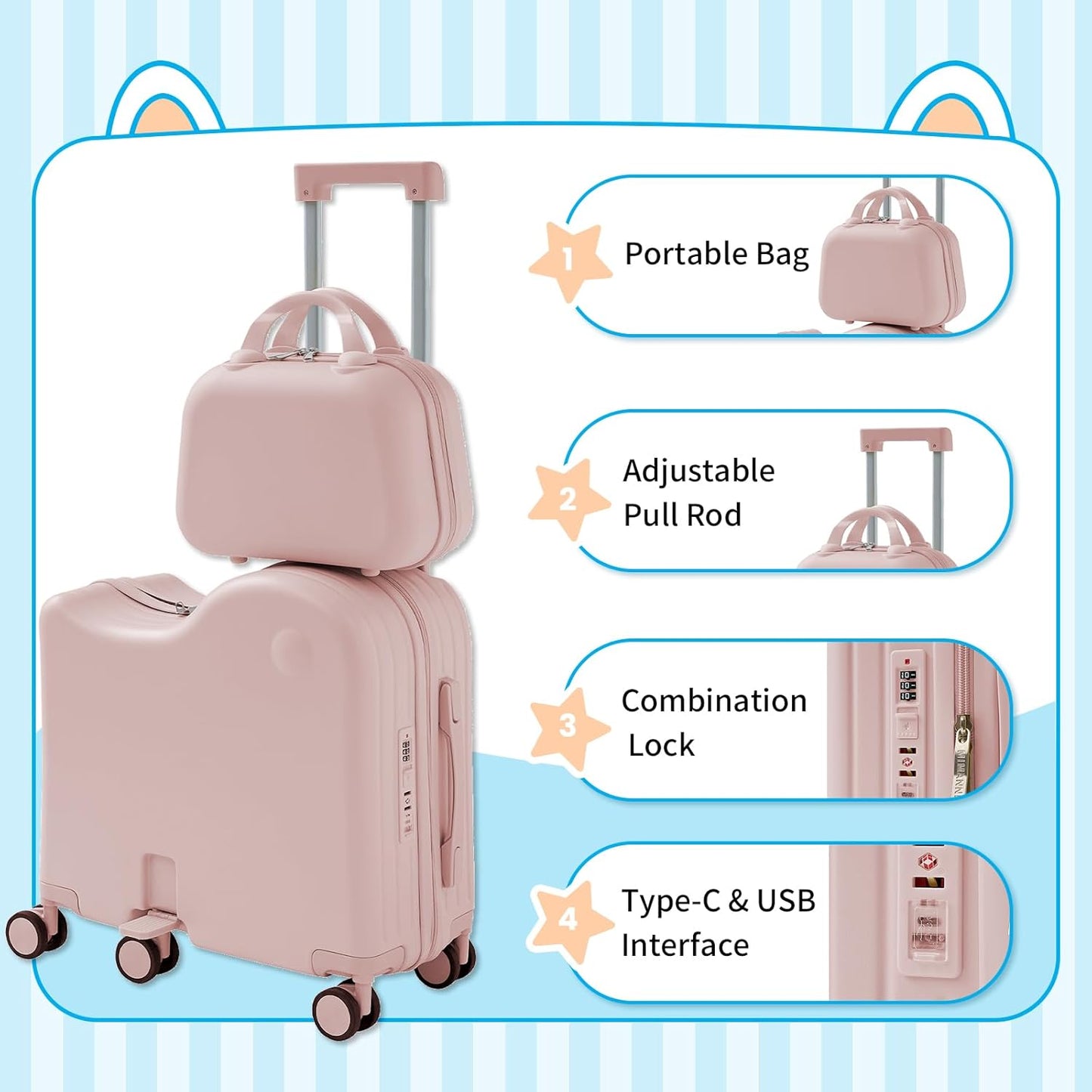 TABU Ride-on Luggage with Handbag for Kids，Hardshell Carry On Suitcase with Hidden Cup Holder, Foldable Pedal,Type-C & USB Interface, TSA Lock, 6-Spinner Wheels, Pink