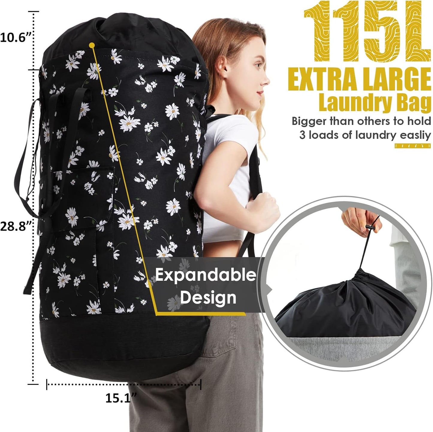 Laundry Backpack 115L, Heavy Duty Laundry Bag with Shoulder Straps, Backpack Laundry Bags for College, Extra Large Dirty Clothes Bag, Laundromat Bag, College Dorm Room Essentials for Guys