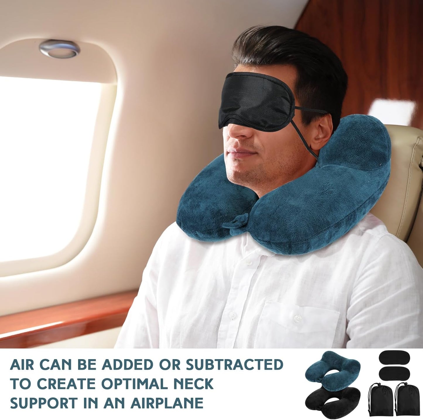 Sintuff 2 Pack Inflatable Travel Pillow for Airplanes Inflatable Neck Flight Pillows with Compact Bag and Blindfold for Traveling, Airplane, Train, Car, Office(Peacock Green and Black)