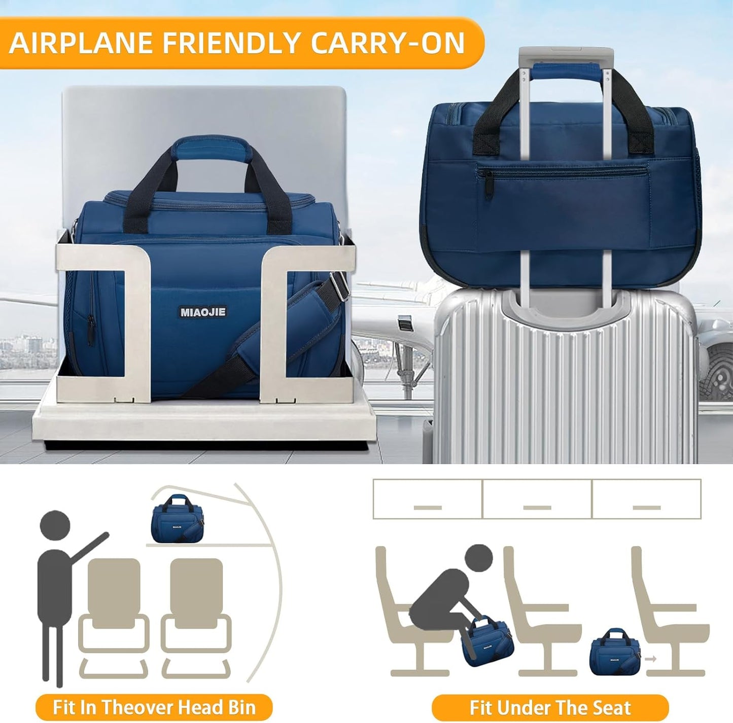 Underseat Carry On Luggage Lightweight Travel Tote Weekender Bag Overnight Duffle Bag for Travel, Travel Essentials Personal Item Travel Bag for Women and Men, Blue-16Inch