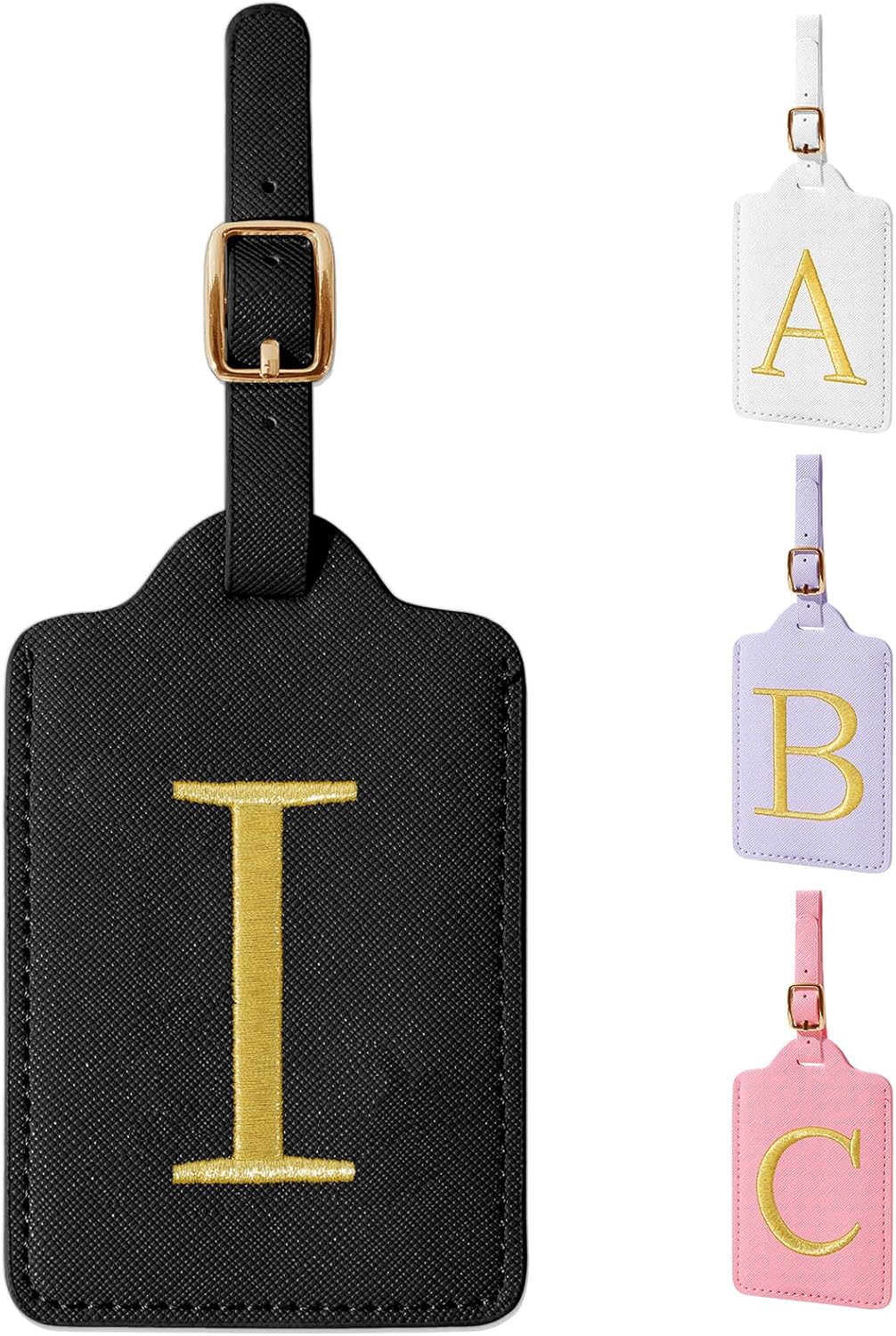 Personalized Initial Luggage Tags for Suitcase TSA Approved, Black Leather Cute Luggage Tag with Privacy Cover Name Card, Embroidered Custom Luggage Tags Travel Backpack Tags Gifts for Women Kids(I)
