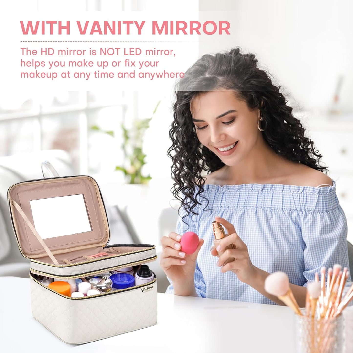 Large Makeup Bag with Mirror Double Layer Travel Make Up Organizer Case, Large Capacity Coemetic with Brush Slot Divider, Travel Toiletry Bag for Women - White/Beige