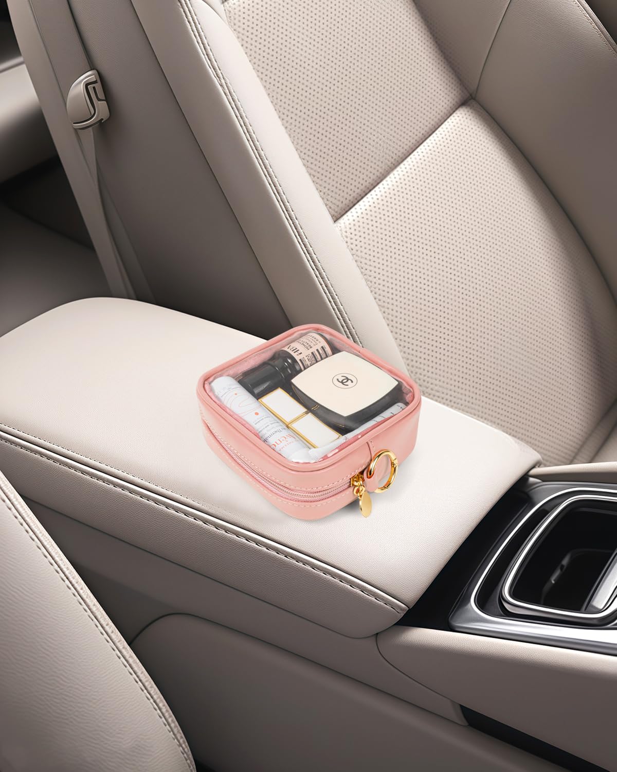 LETGO Mini Makeup Bag - Clear Toiletry Bag with Slip-in Pockets, Cute Cosmetic Essentials Pouch for Women, Pink Car Accessories for Girls(Mini Pink)