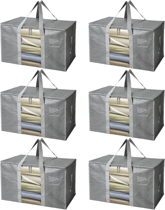 BALEINE 6-Pack Oversized Moving Bags with Reinforced Handles, Heavy-Duty Storage Tote for Clothes, Moving Supplies (Grey with Window, 6 Pack)