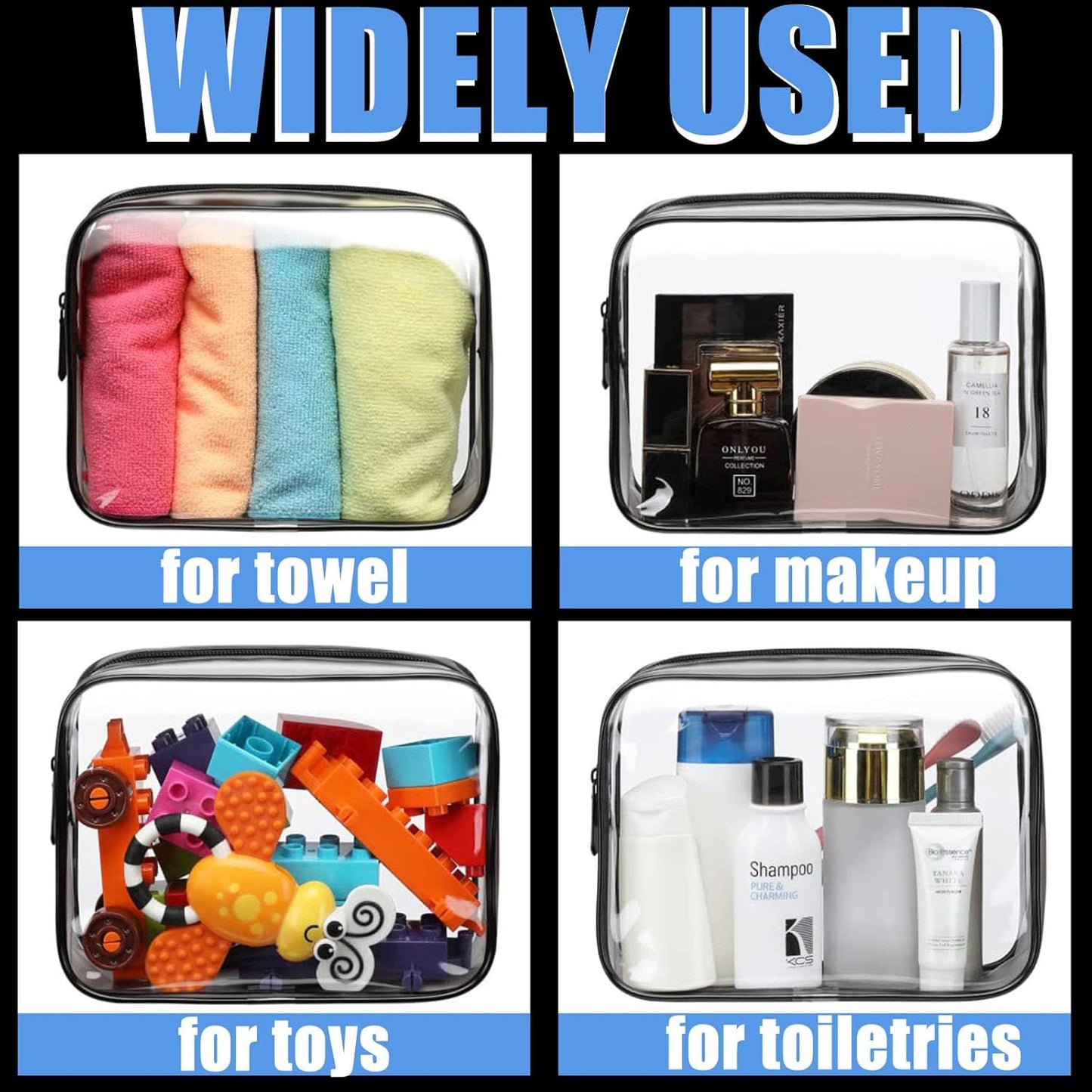 12 Pcs Clear Cosmetic Bag PVC Waterproof Zippered Clear Toiletry Carry Pouch Cosmetic Makeup Bag for Women Men Vinyl Plastic Organizer Case for Vacation Bathroom (Large, Black)