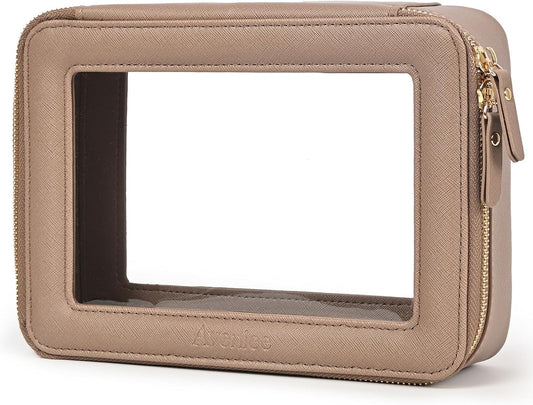 Aveniee Clear Makeup Bag Organizer,Large Travel Toiletry Bag for Women, Waterproof Cosmetic Pouch with Zippers,Car Organizers and Storage,Taupe
