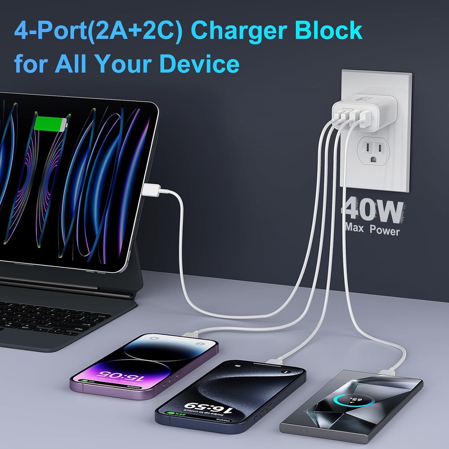 USB C Fast Charger Block, iPhone Charger Fast Charging Blocks 40W Multi Port Charger 4-Ports PD & QC Charging Cube Brick Power Adapter Type C Wall Chargers for iPhone 17/16/15/14/13/12 Pro Max, iPad