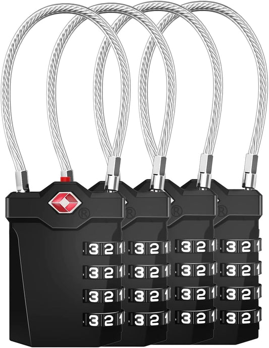 ZHEGE Travel Locks, TSA Approved Locks for Luggage, 4 Digit Cable Lock with Inspection Indicator for Luggage Suitcase, Backpack, Baggage, Easy to Read（4 Pack, Black）