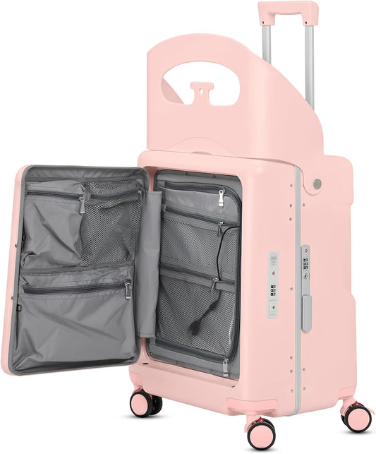 22" Ride On Luggage with Seat for Kids & Adults, Lightweight Hardside Ride-On Suitcase with Front Opening, TSA Lock, 360° Spinner Wheels, Pink