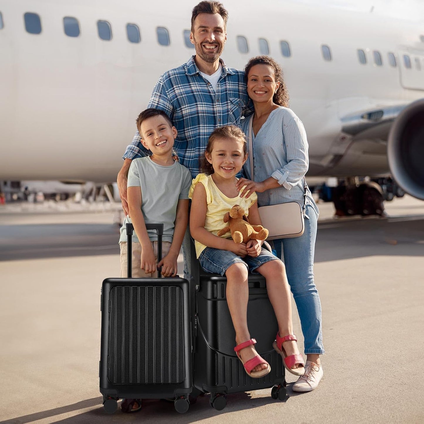 20 Inch Ride on Luggage with Seat for Kids Top Opening Aluminum Frame Suitcase with Spinner Wheels Locks for Travel(Black)