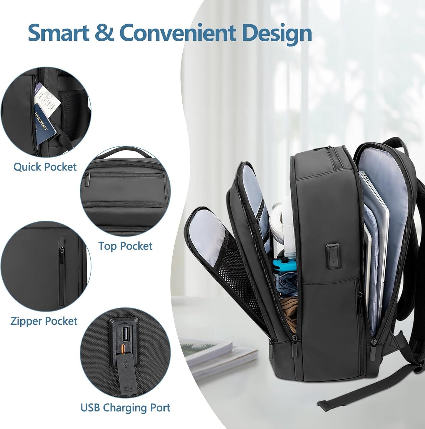 Laptop Backpack for Men Business Travel Laptop Backpack with USB Charger Lightweight Anti-Theft Water-Resistant Fits 15.6 Inch Laptop for Travel Daily Work Office College with Small Bag-Black