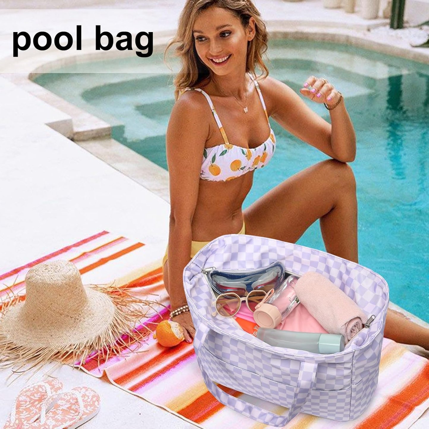 LEDAOU Large Beach Tote Bag Women Waterproof Sandproof Zipper Beach Tote Bag for Pool Gym Grocery Travel with Wet Pocket