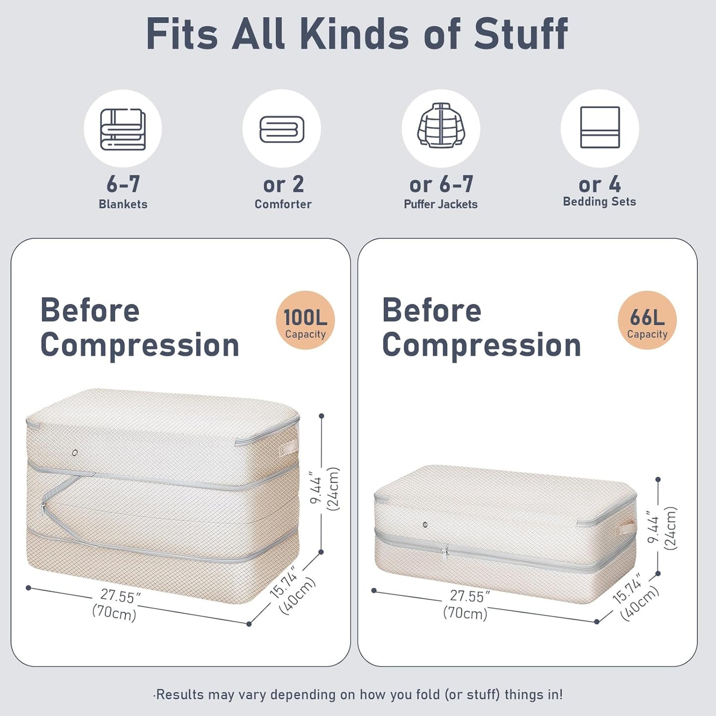 DIMJ Comforter Storage Bag - 100L Large Capacity Blanket Storage Compression Bags, Washable Space Saving Self Compression Organizer with Window Handles, Space Saver for Clothes, Bedding, Sheet